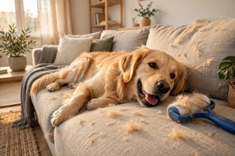 Dog hair on a couch with pet hair remover