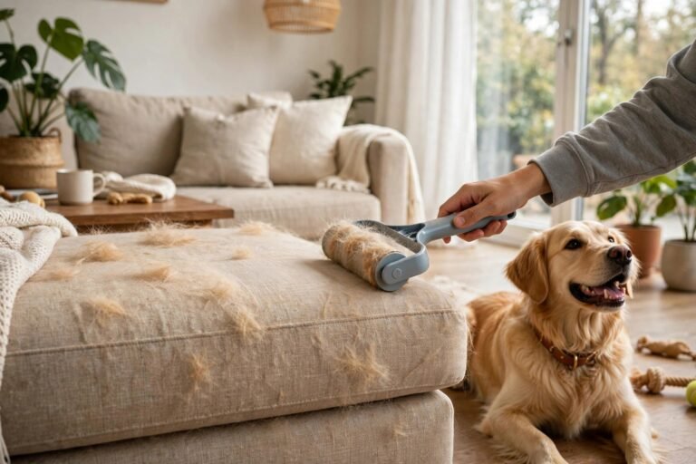 Removing dog hair from a fabric couch with a reusable roller