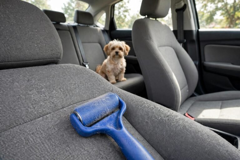 Pet hair remover tool on a fabric car seat
