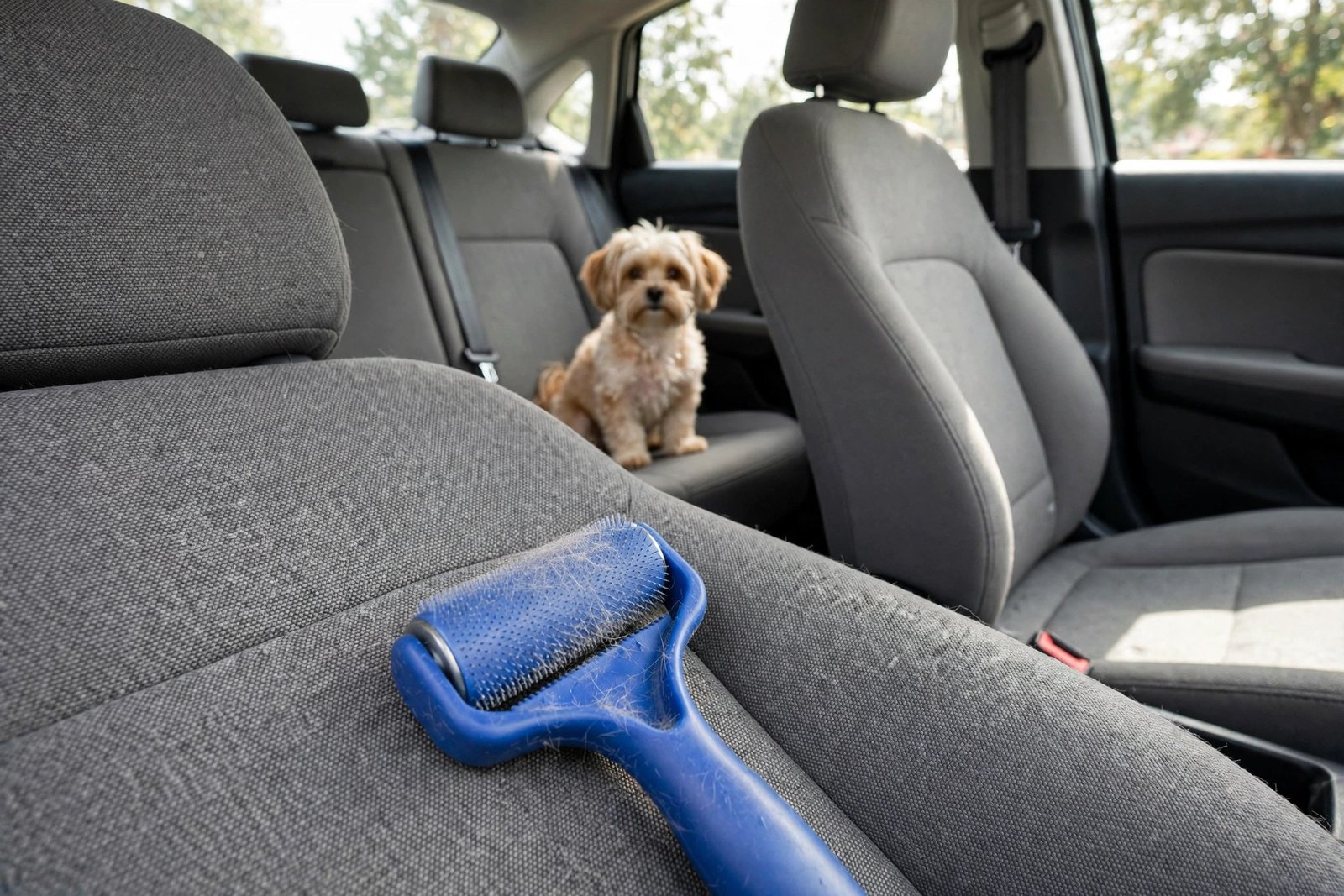 Pet hair remover tool on a fabric car seat