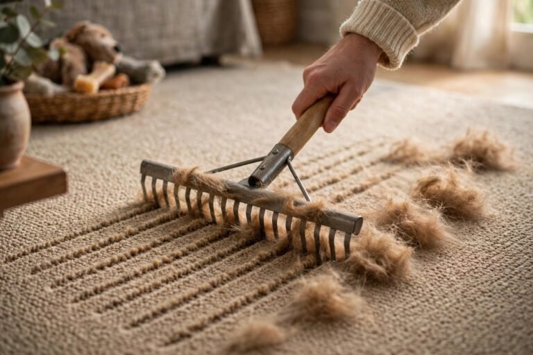 Carpet rake lifting embedded dog hair from living room carpet