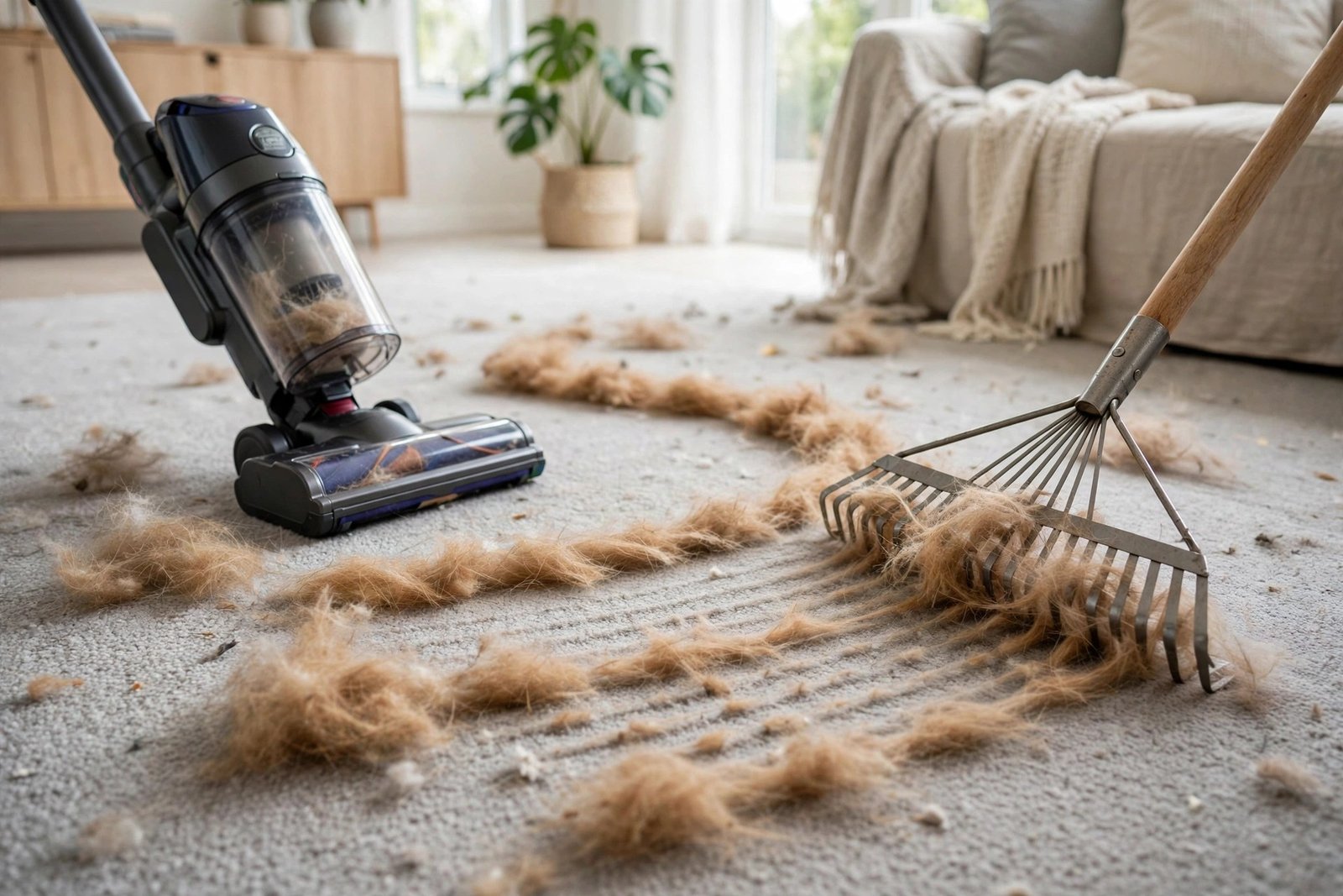 Deep-cleaning embedded dog hair from carpet with a rake and vacuum