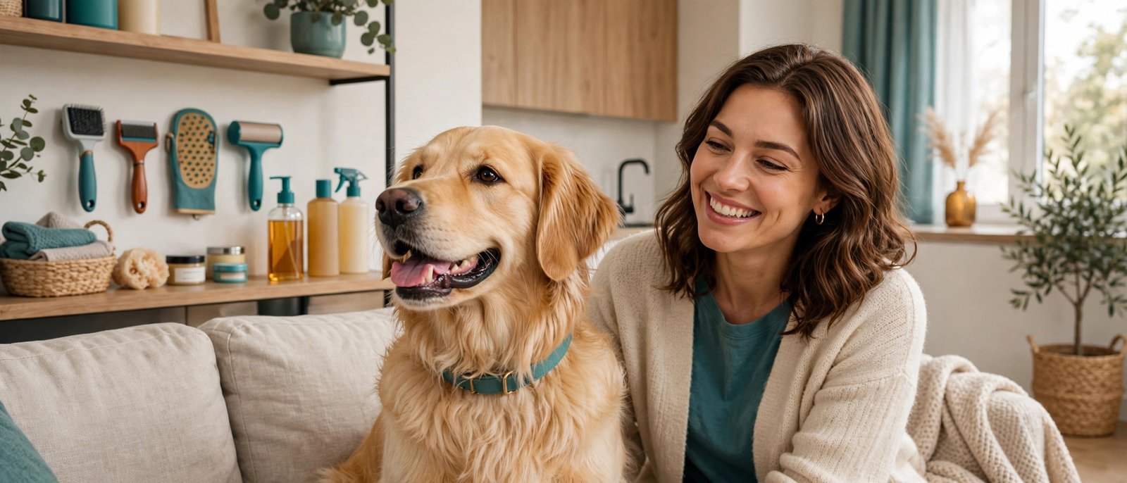Happy dog at home with pet grooming and cleaning products - Furveko