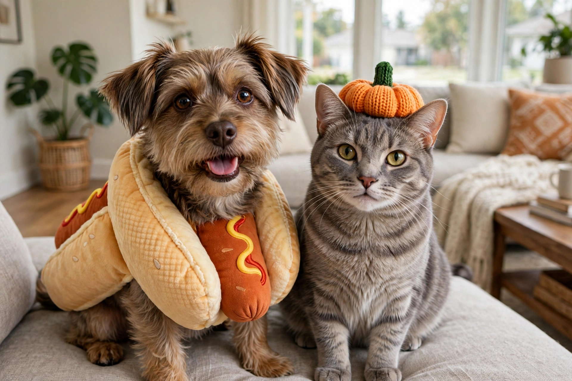 Dogs in Halloween costumes showing dog Halloween costume size guide and safety checklist