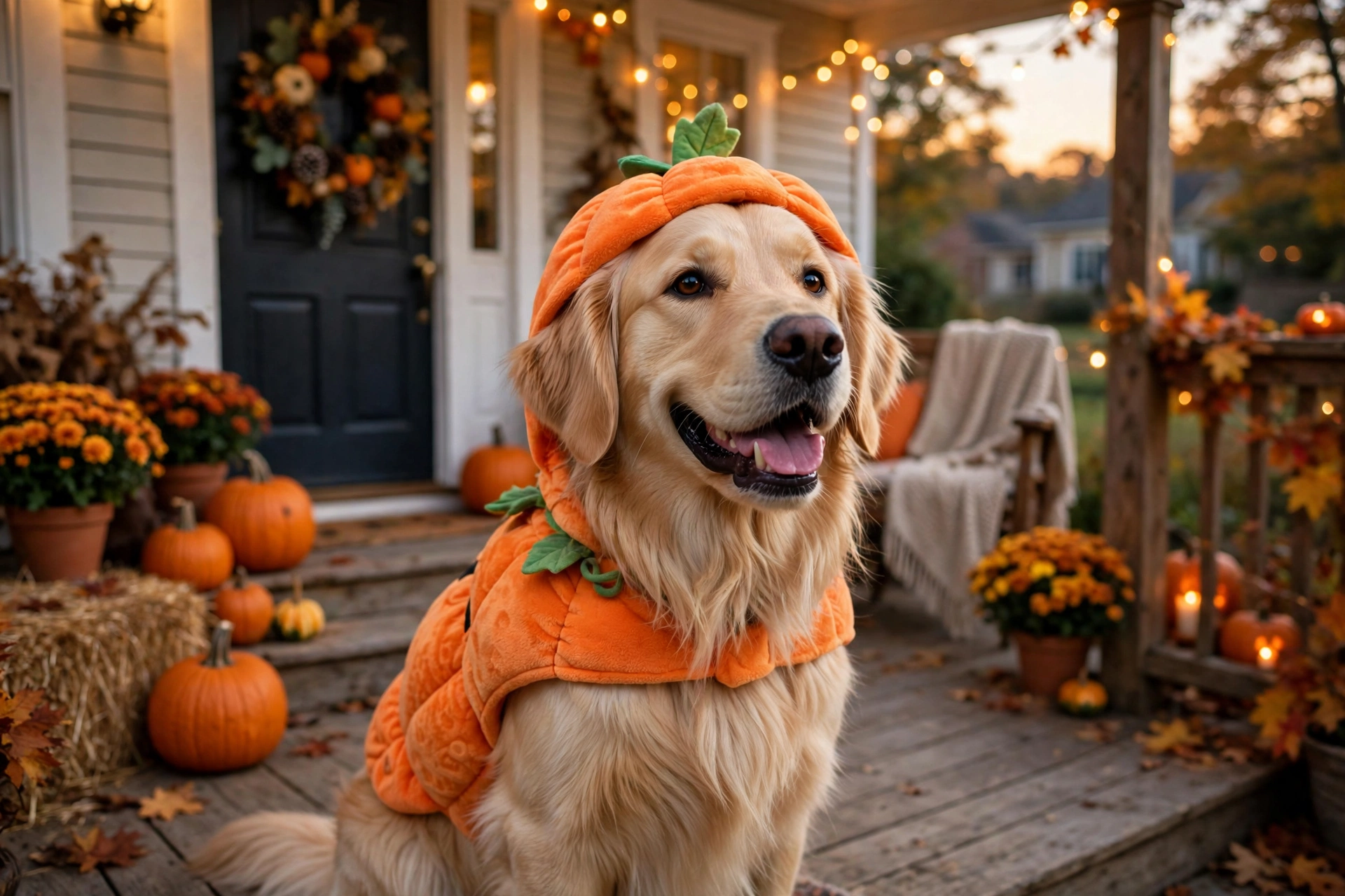 Golden retriever in a pumpkin dog Halloween costume - Best Dog Halloween Costumes 2026
