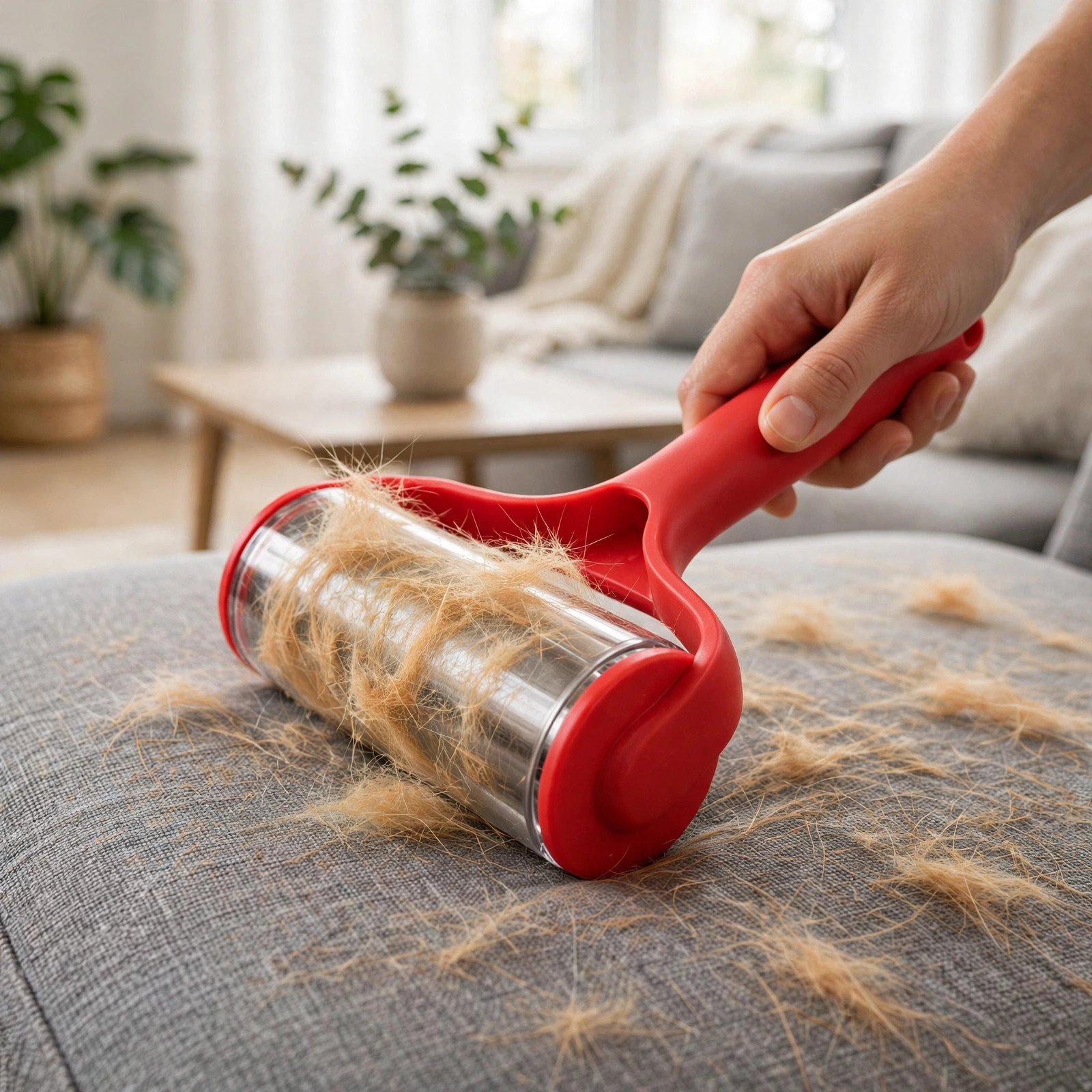 Reusable roller removing pet hair from a couch