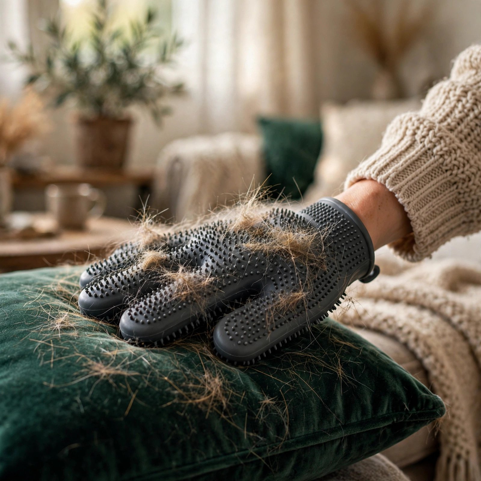 Hair-removing gloves used on a velvet couch