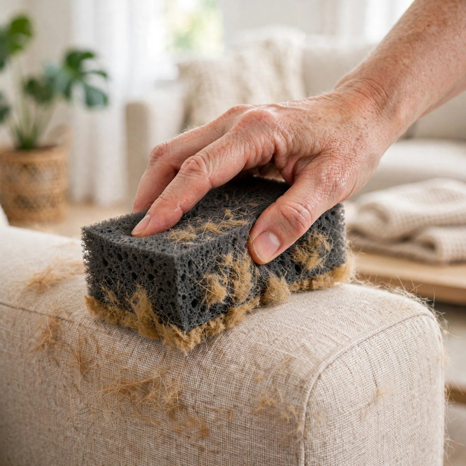 Pet hair sponge used on a sofa arm