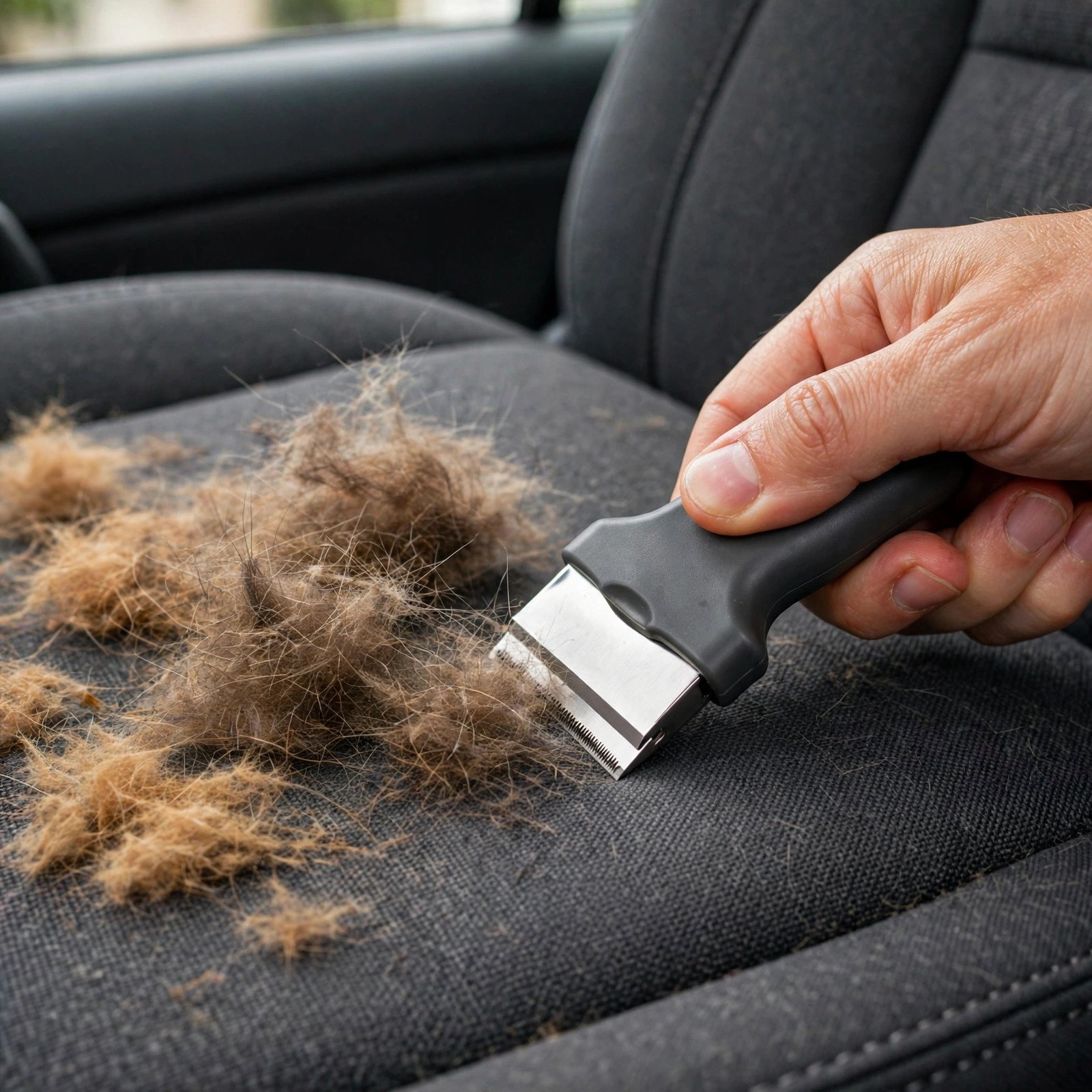 Mini hair remover used on a car seat