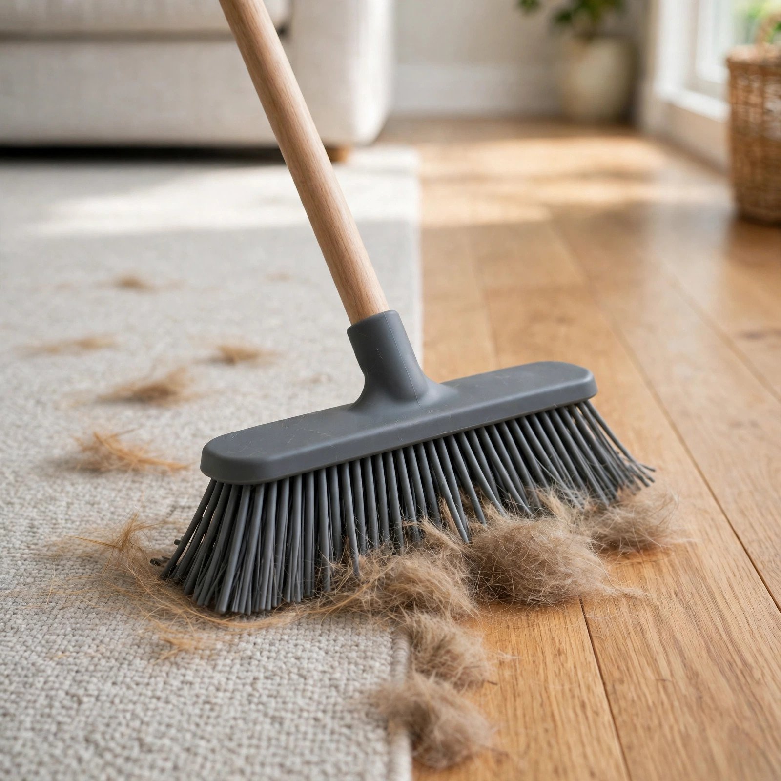 Silicone broom sweeping up pet hair